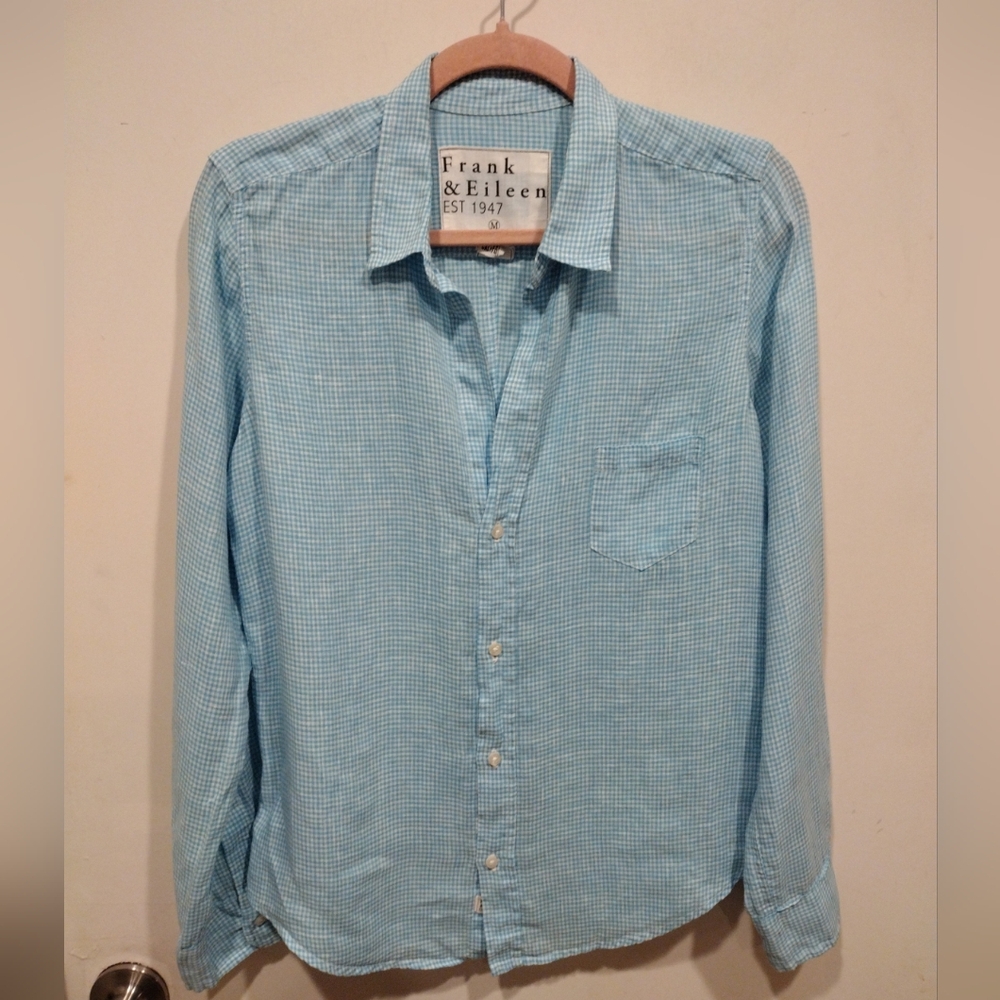 Frank & Eileen Women's Linen Blue Gingham Check Button Down Shirt Sz M-Beach - Picture 1 of 8